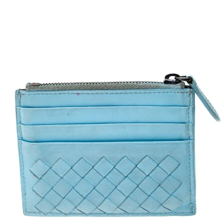 Pre Owned Bottega Veneta Light Blue Intrecciato Leather Zip Card Holder