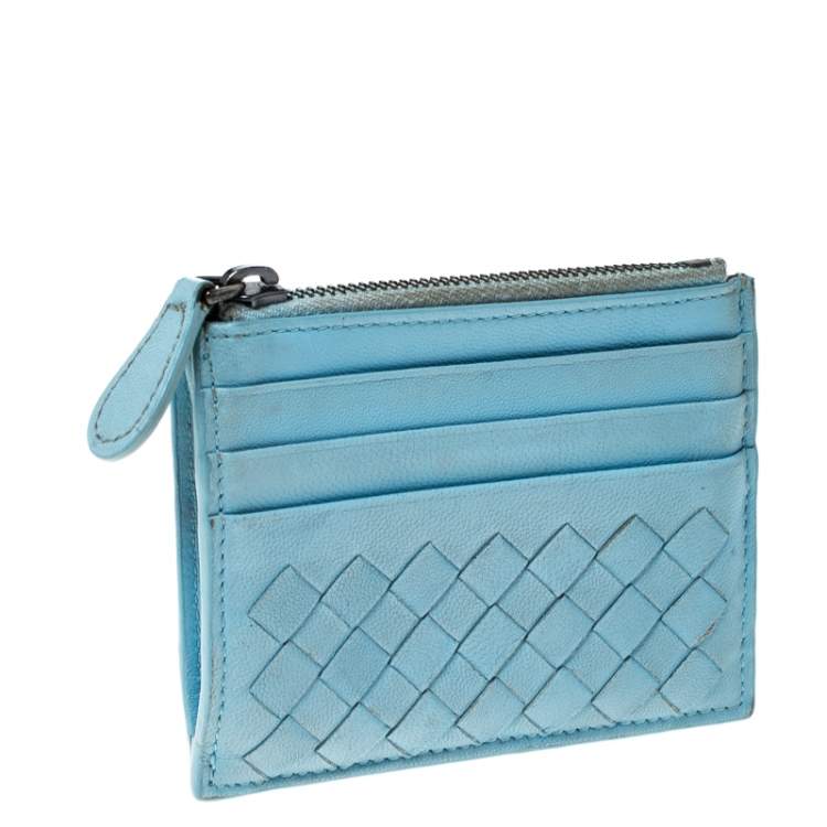 Pre Owned Bottega Veneta Light Blue Intrecciato Leather Zip Card Holder