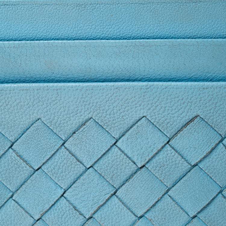Pre Owned Bottega Veneta Light Blue Intrecciato Leather Zip Card Holder