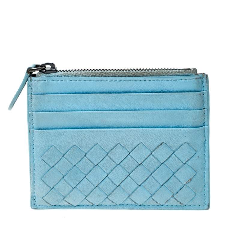 Pre Owned Bottega Veneta Light Blue Intrecciato Leather Zip Card Holder