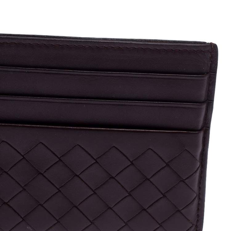 Pre Owned Bottega Veneta Burgundy Intrecciato Leather Card Holder