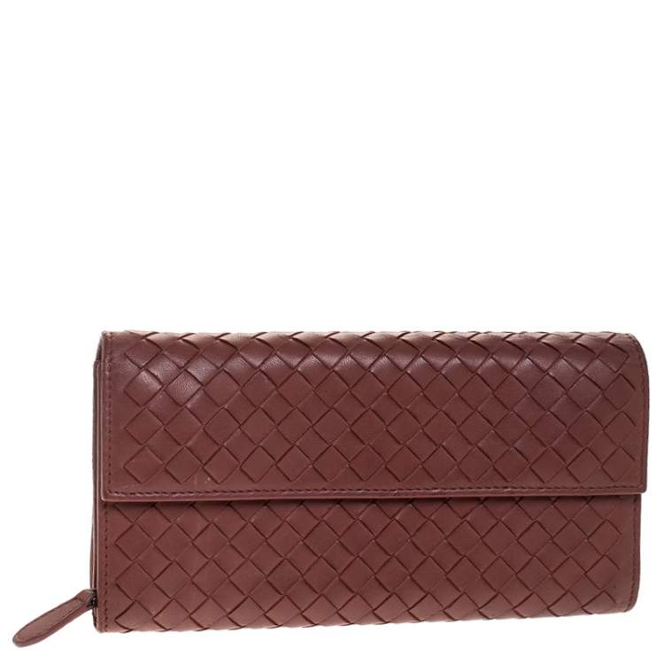 Pre Owned Bottega Veneta Maroon Intrecciato Leather Continental Flap Wallet