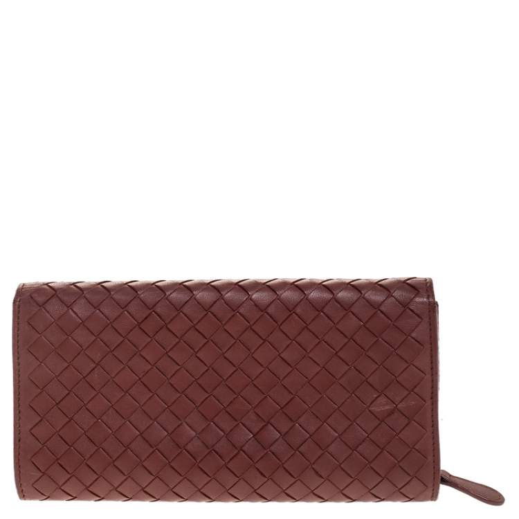 Pre Owned Bottega Veneta Maroon Intrecciato Leather Continental Flap Wallet