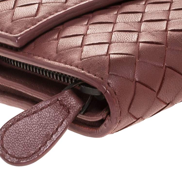 Pre Owned Bottega Veneta Maroon Intrecciato Leather Continental Flap Wallet
