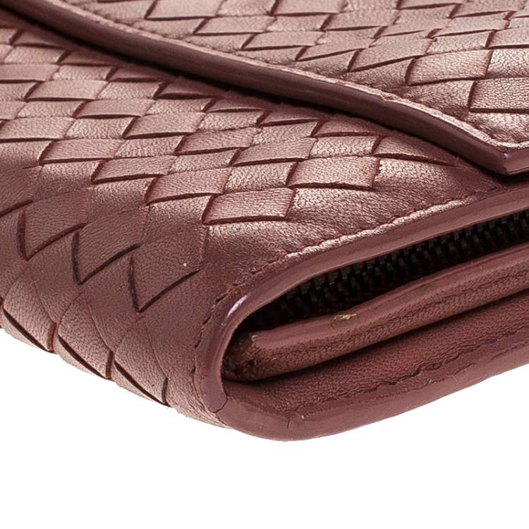 Pre Owned Bottega Veneta Maroon Intrecciato Leather Continental Flap Wallet