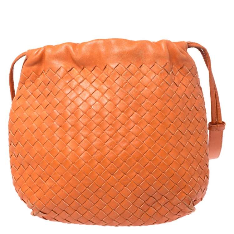 Pre Owned Bottega Veneta Orange Intrecciato Nappa Leather Drawstring Bag