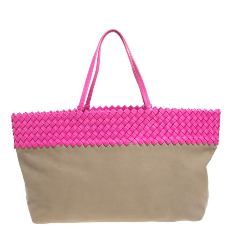Pre Owned Bottega Veneta Pink/Beige Top Woven Leather Shopper Tote