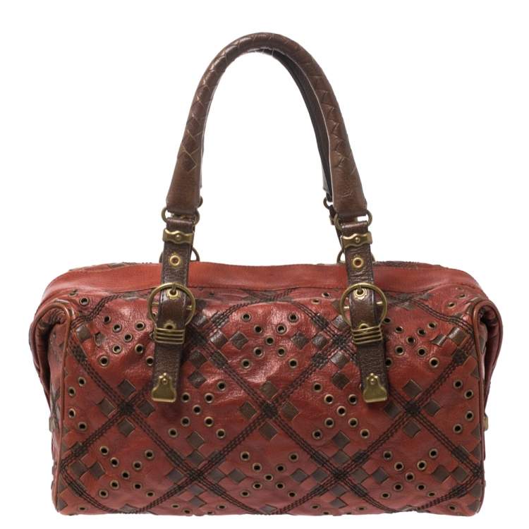 Pre Owned Bottega Veneta Orange/Brown Leather Grommet Boston Bag