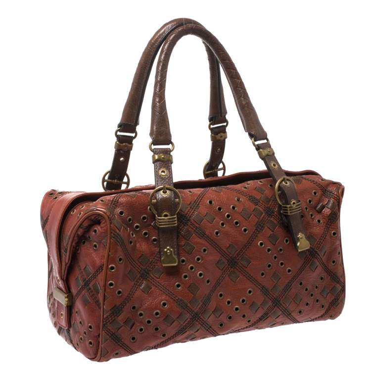 Pre Owned Bottega Veneta Orange/Brown Leather Grommet Boston Bag