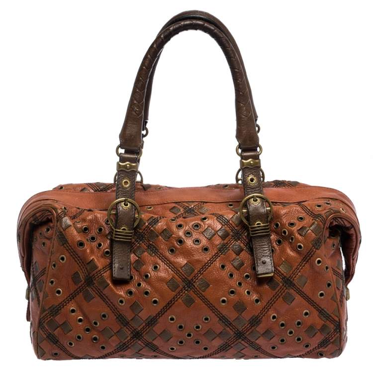Pre Owned Bottega Veneta Orange/Brown Leather Grommet Boston Bag