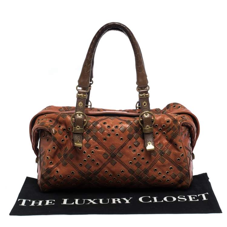 Pre Owned Bottega Veneta Orange/Brown Leather Grommet Boston Bag