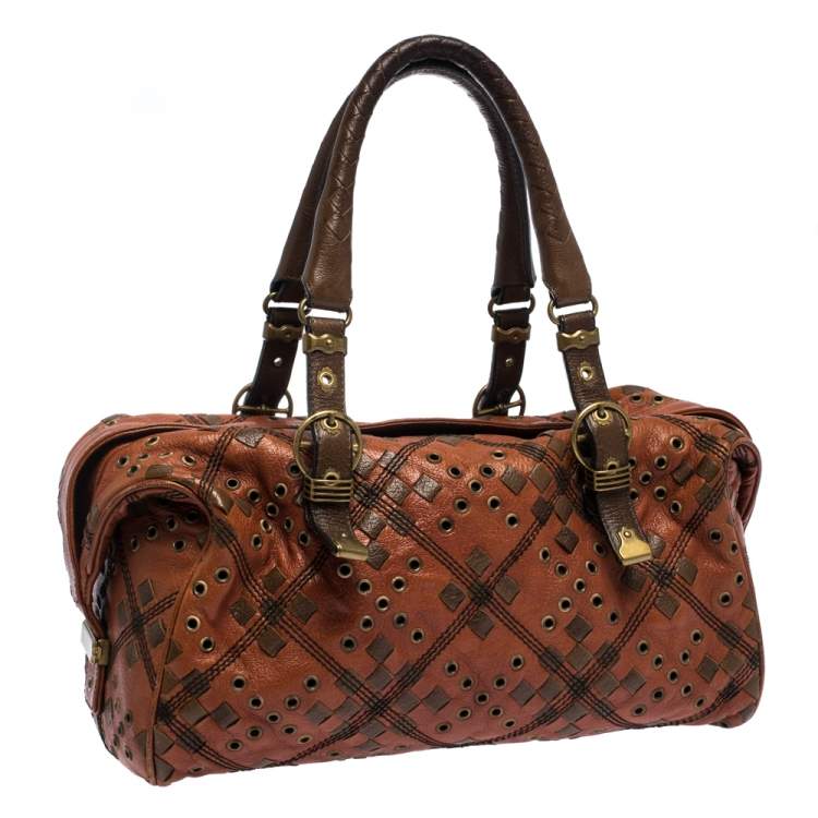 Pre Owned Bottega Veneta Orange/Brown Leather Grommet Boston Bag