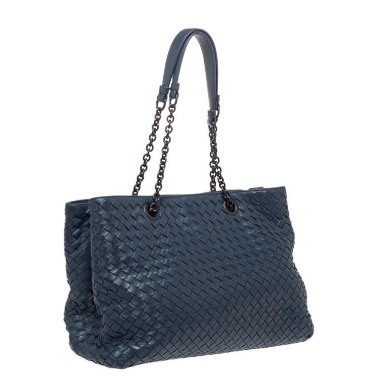 Pre Owned Bottega Veneta Blue Intrecciato Leather Medium Tote