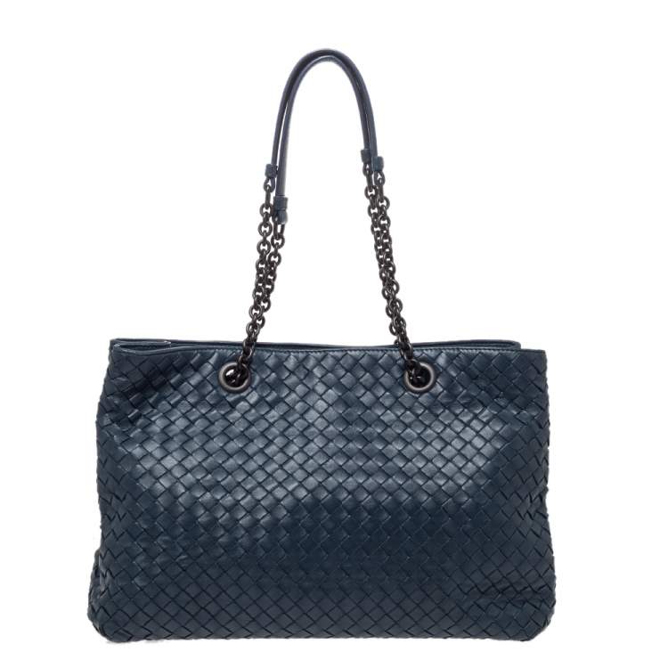 Pre Owned Bottega Veneta Blue Intrecciato Leather Medium Tote