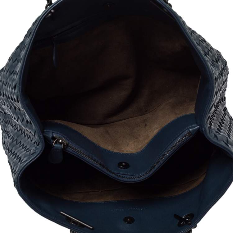 Pre Owned Bottega Veneta Blue Intrecciato Leather Medium Tote