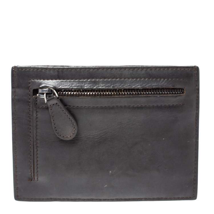 Pre Owned Bottega Veneta Dark Brown Leather Zip Card Holder