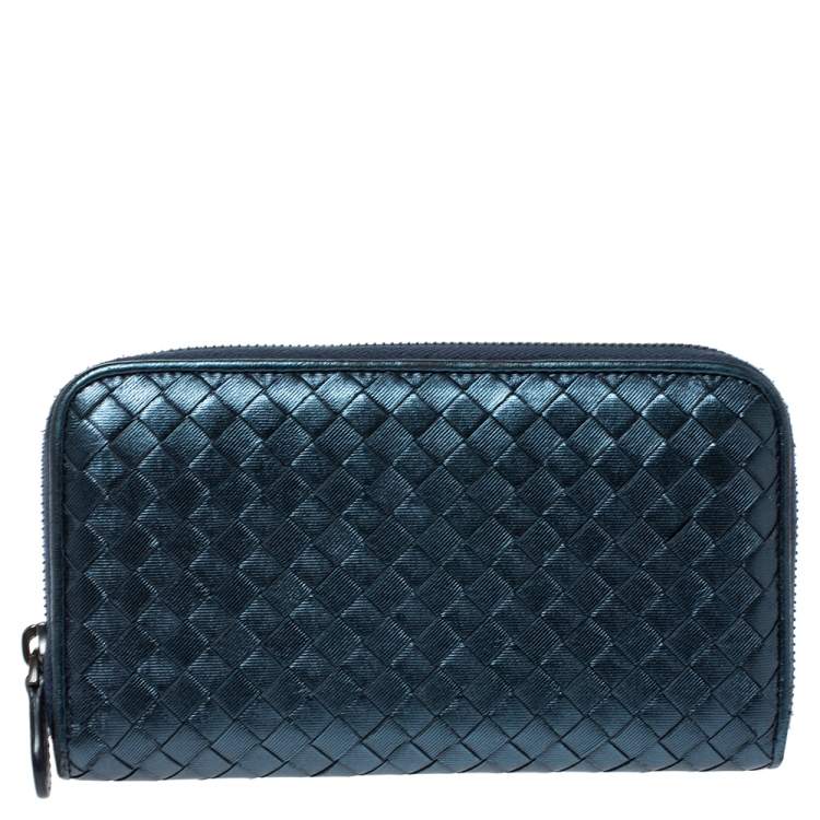 Bottega Veneta Metallic Blue Intrecciato Leather Zip Around Wallet 