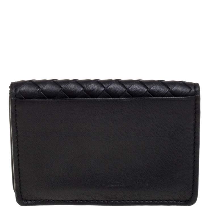 Pre Owned Bottega Veneta Midnight Blue Intrecciato Leather Flap Card Holder