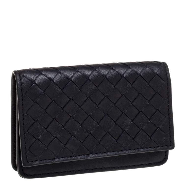 Pre Owned Bottega Veneta Midnight Blue Intrecciato Leather Flap Card Holder