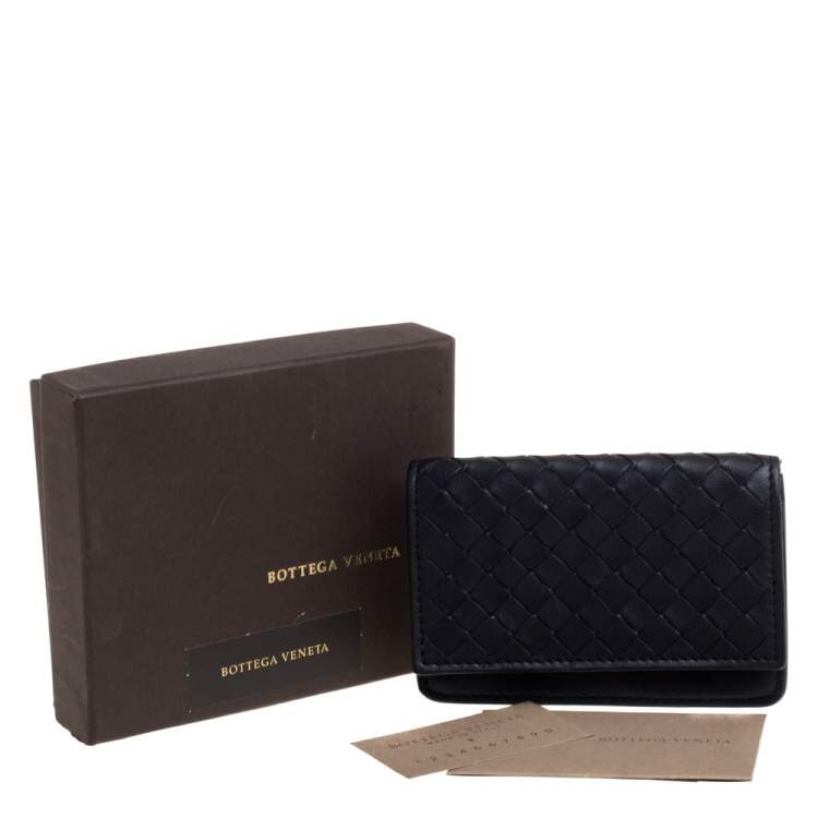 Pre Owned Bottega Veneta Midnight Blue Intrecciato Leather Flap Card Holder