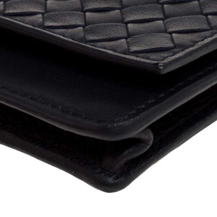 Pre Owned Bottega Veneta Midnight Blue Intrecciato Leather Flap Card Holder