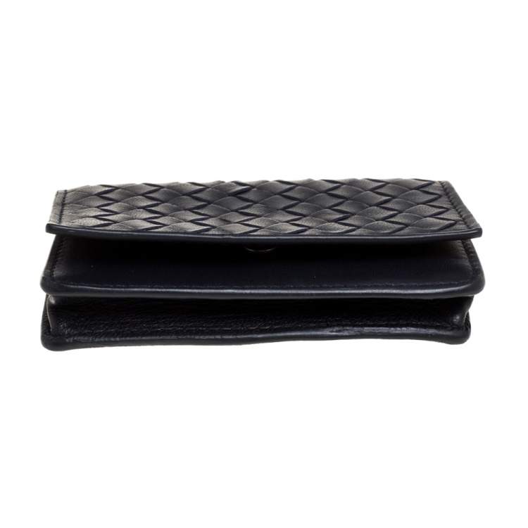 Pre Owned Bottega Veneta Midnight Blue Intrecciato Leather Flap Card Holder