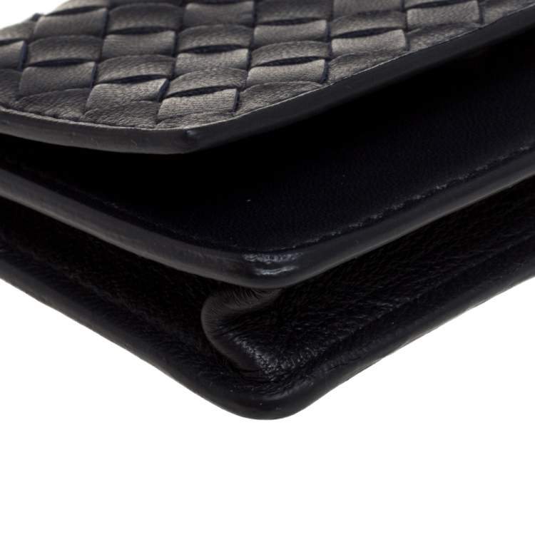 Pre Owned Bottega Veneta Midnight Blue Intrecciato Leather Flap Card Holder