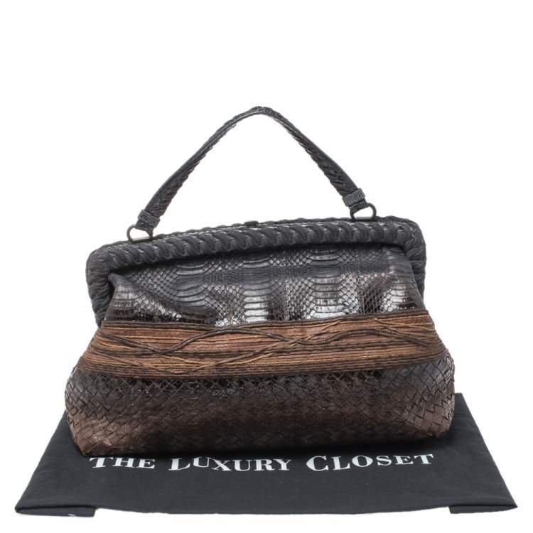 Pre Owned Bottega Veneta Black/Brown Python Frame Top Handle Bag