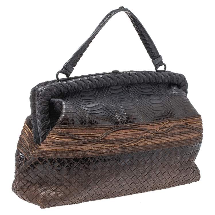 Pre Owned Bottega Veneta Black/Brown Python Frame Top Handle Bag