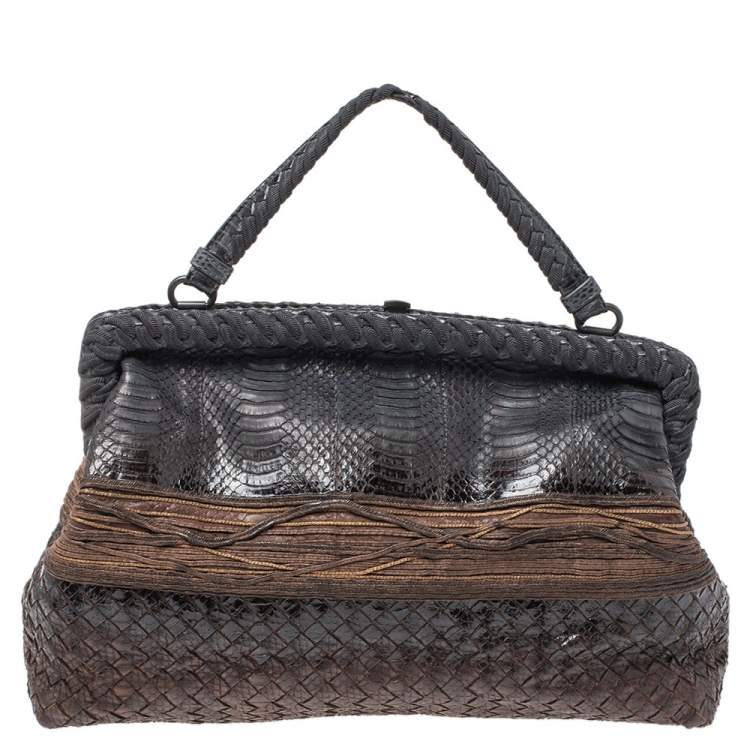 Pre Owned Bottega Veneta Black/Brown Python Frame Top Handle Bag