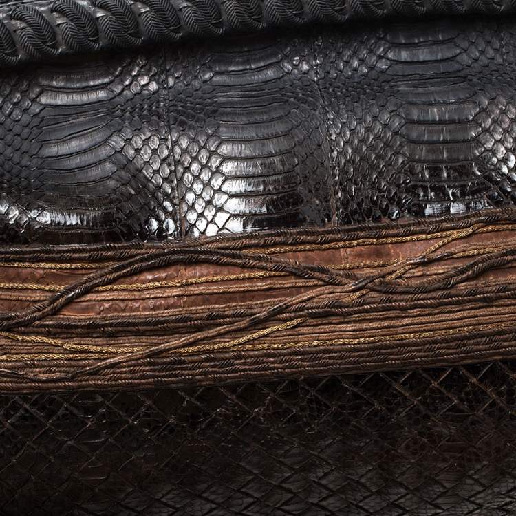 Pre Owned Bottega Veneta Black/Brown Python Frame Top Handle Bag