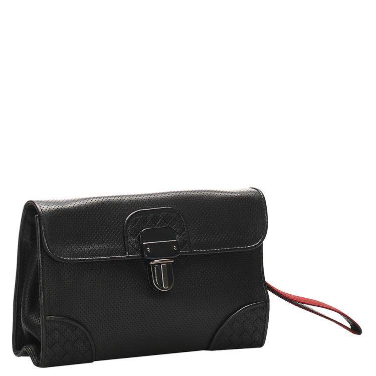 Pre Owned Bottega Veneta Black Leather Intrecciato Perforated Clutch Bag