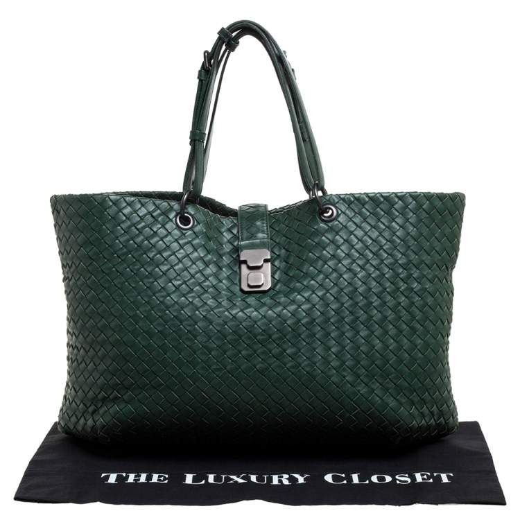 Pre Owned Bottega Veneta Green Intrecciato Leather Shopper Tote
