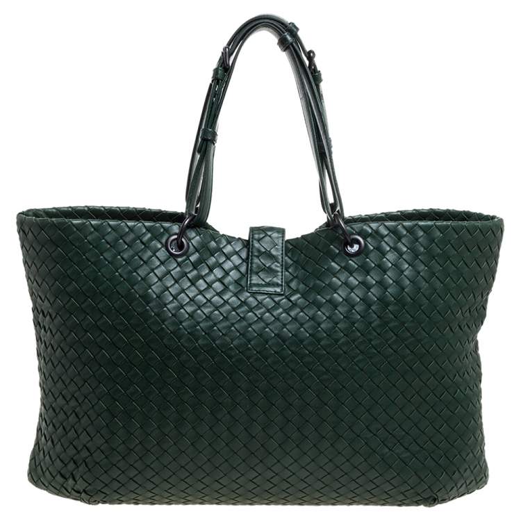 Pre Owned Bottega Veneta Green Intrecciato Leather Shopper Tote