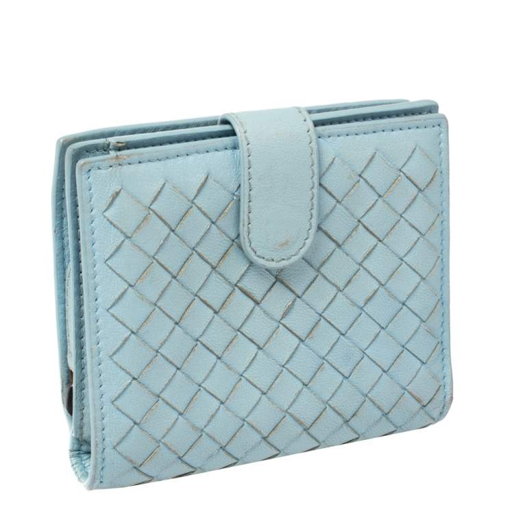 Pre Owned Bottega Veneta Blue Intrecciato Leather French Wallet 