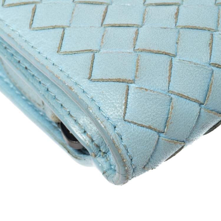 Pre Owned Bottega Veneta Blue Intrecciato Leather French Wallet 
