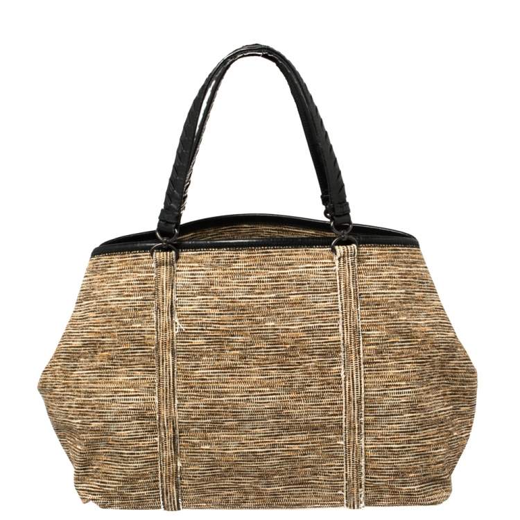 Pre Owned Bottega Veneta Black/Beige Printed Canvas and Leather Side Snap Tote