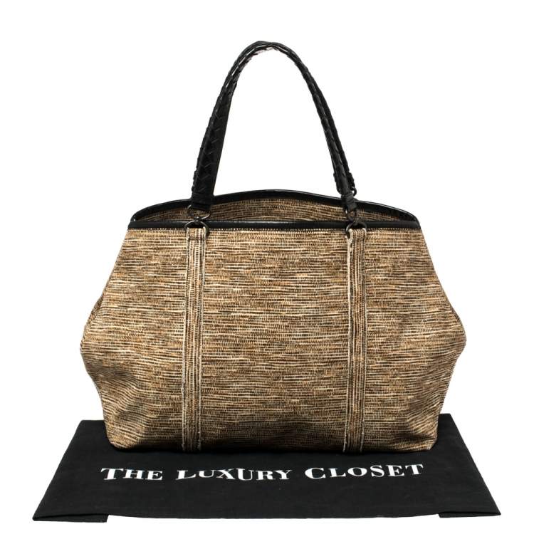 Pre Owned Bottega Veneta Black/Beige Printed Canvas and Leather Side Snap Tote