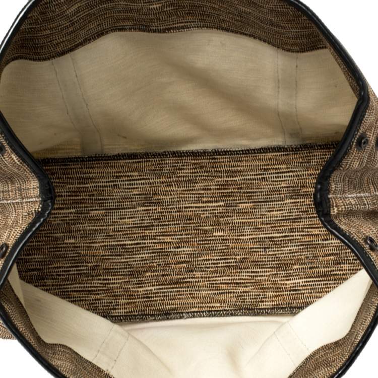 Pre Owned Bottega Veneta Black/Beige Printed Canvas and Leather Side Snap Tote