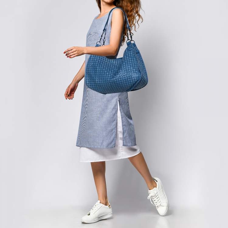 Pre Owned Bottega Veneta Blue Leather Intrecciato Hobo