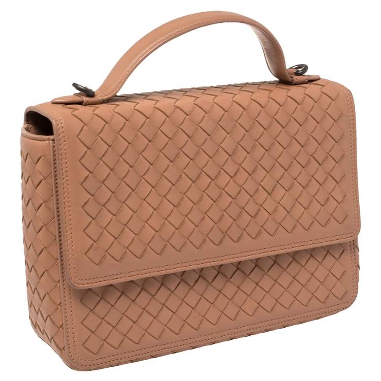 Pre Owned Bottega Veneta Pink Intrecciato Leather Alumna Top Handle Bag