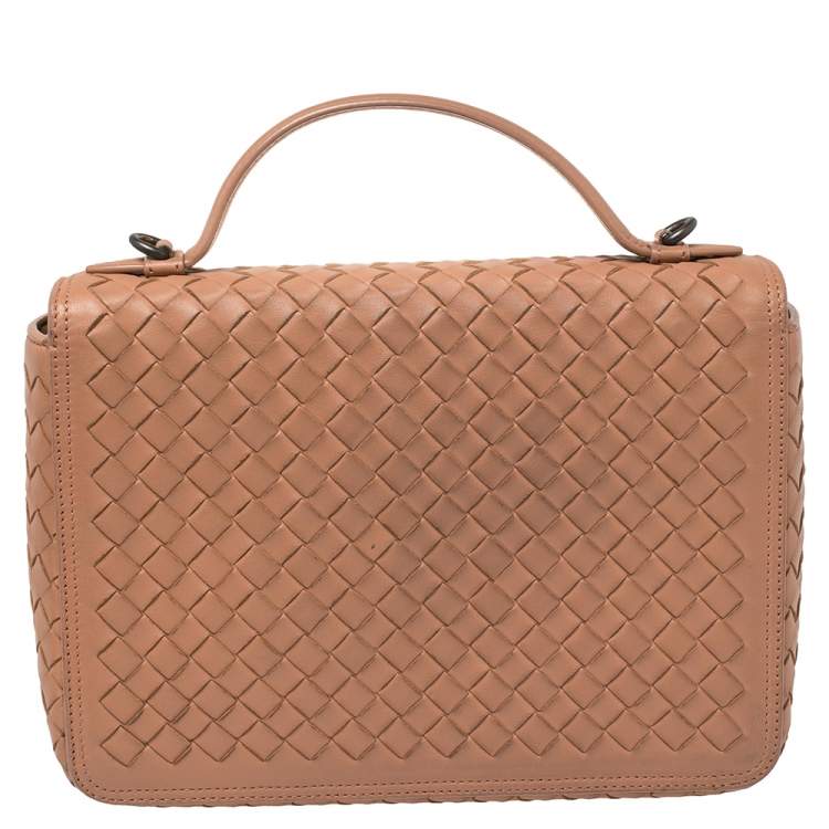 Pre Owned Bottega Veneta Pink Intrecciato Leather Alumna Top Handle Bag