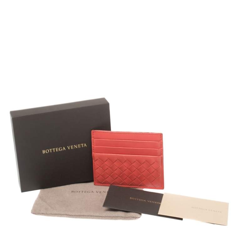Pre Owned Bottega Veneta Red Intrecciato Leather Card Holder