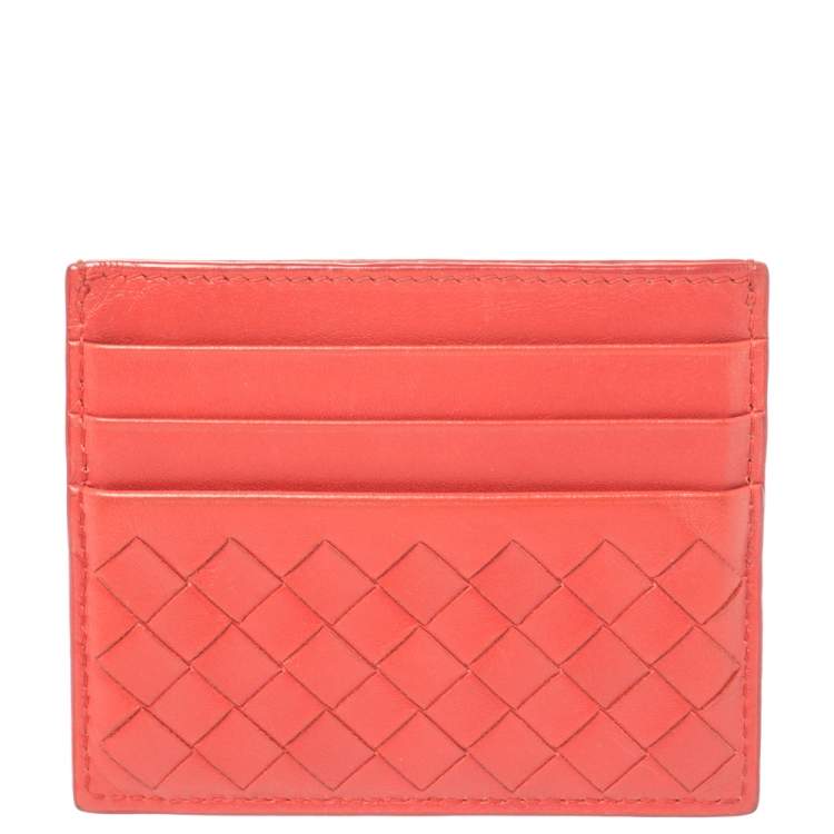 Pre Owned Bottega Veneta Red Intrecciato Leather Card Holder