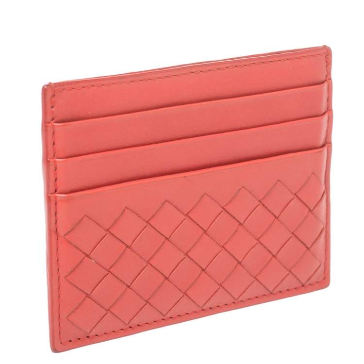 Pre Owned Bottega Veneta Red Intrecciato Leather Card Holder