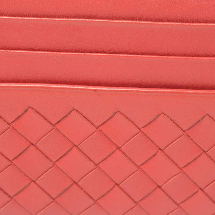 Pre Owned Bottega Veneta Red Intrecciato Leather Card Holder