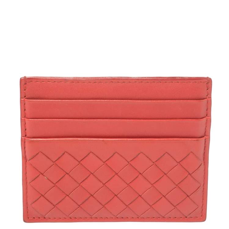 Pre Owned Bottega Veneta Red Intrecciato Leather Card Holder