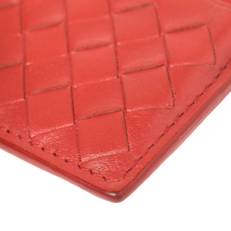 Pre Owned Bottega Veneta Red Intrecciato Leather Card Holder