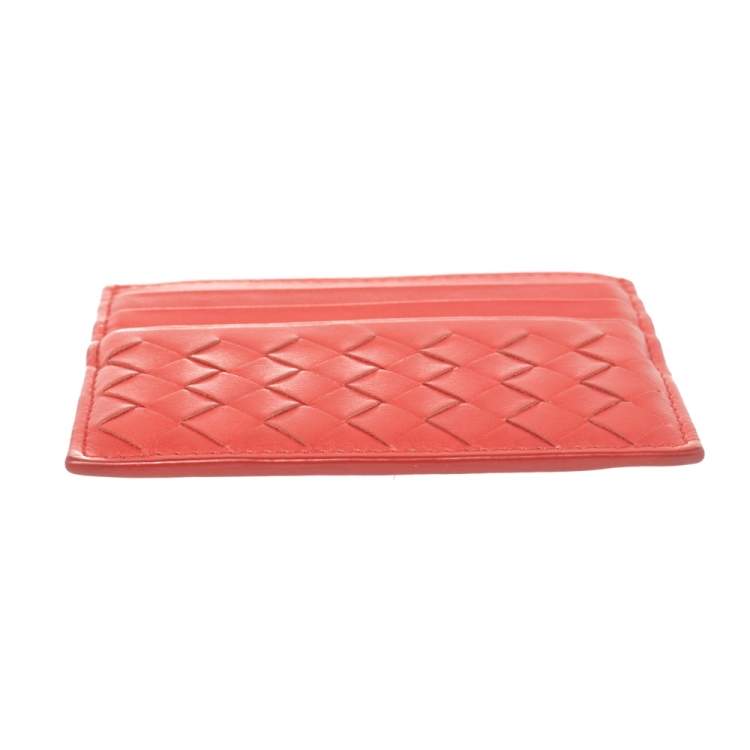 Pre Owned Bottega Veneta Red Intrecciato Leather Card Holder