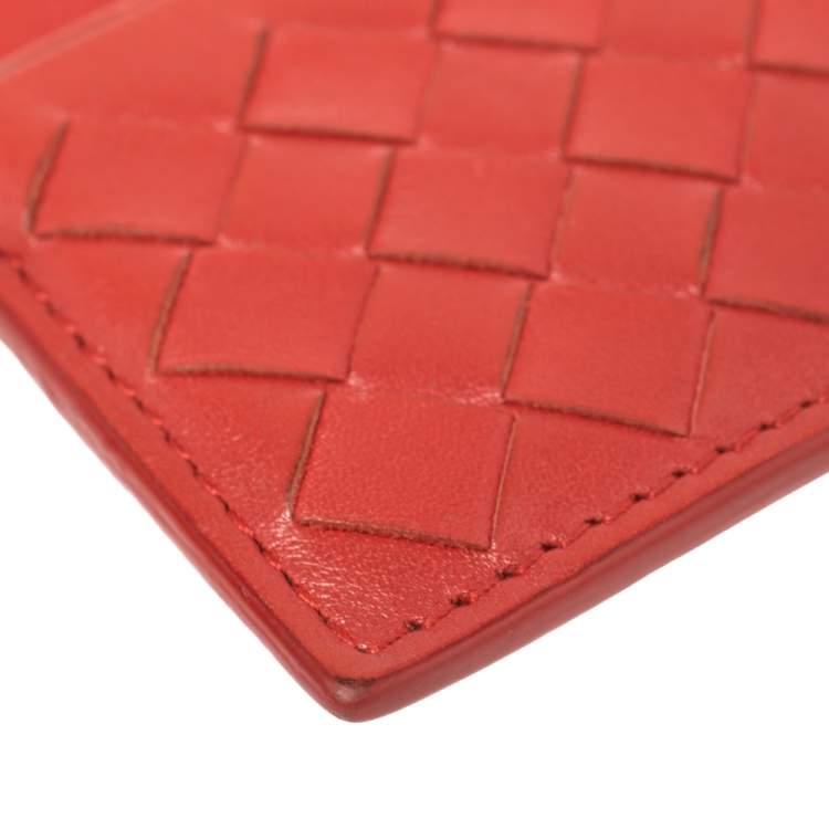 Pre Owned Bottega Veneta Red Intrecciato Leather Card Holder